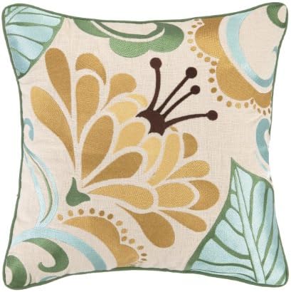 KD Spain Talavera Embroidery Linen Pillow III, 16 by 16-Inch, Turquoise/Gold