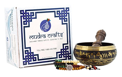 Mudra Crafts Tibetan Sound Healing Meditation Yoga Singing Bowl, Wood Prayer Beads with a Mandala Charm (3.75 Inches, Black)