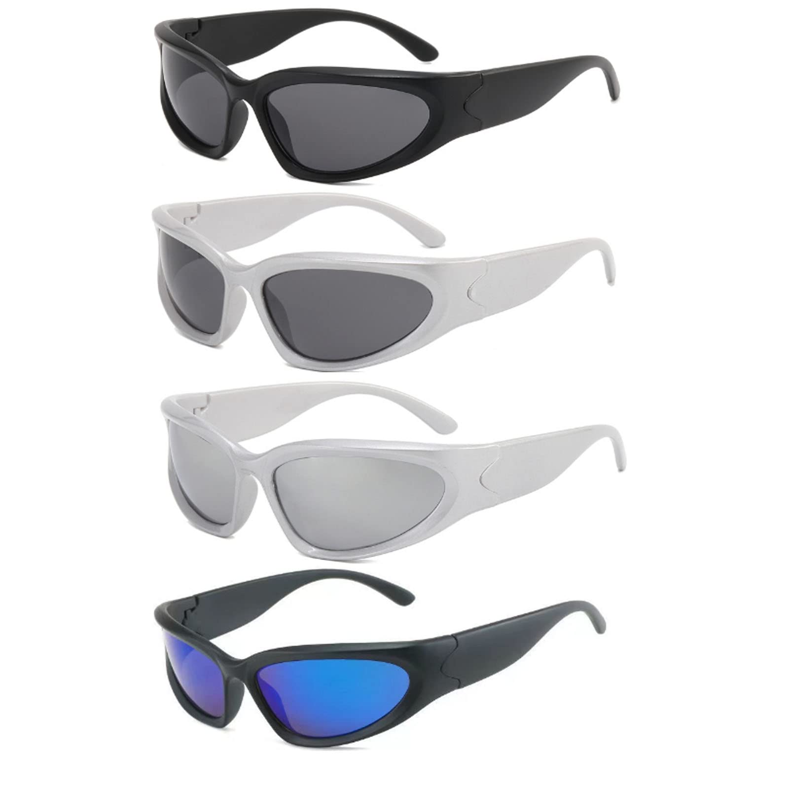 Carreuty 4Pcs Wrap Around Sunglasses for Men Women, UV400 Shades Outdoor Sport Glasses, Futuristic Oval Sun Glasses, Y2K Stylish Polarised Oval HD Vision for Running Cycling Fishing Golf