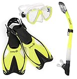 Diving Gear - Snorkel Mask & Fins Set - Includes Double Lens Snorkel Mask; Snorkel w/Dry Top, Lower Purge Valve & Flexible Mouthpiece; & Adjustable Speed Fins