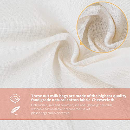 Nut Milk Bags, All Natural Cheesecloth Bags, 8"x10", 10''x12, 14''x14'', 3 Pack, 100% Unbleached Cotton Cloth Bags for Cheese/Yogurt/Juice/Herbs, Washable Reusable Almond Milk Strainer(Weave 66x70)