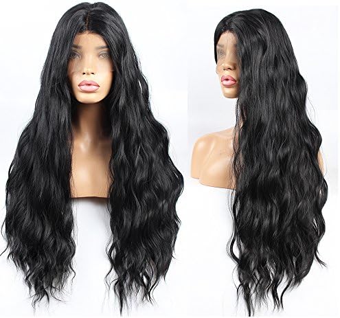 Stylistlee 250%Density Fashion Long Natural Wave Free Part Heat Resistant Fiber Hair Glueless Lace Front Wigs For Women (20" black)