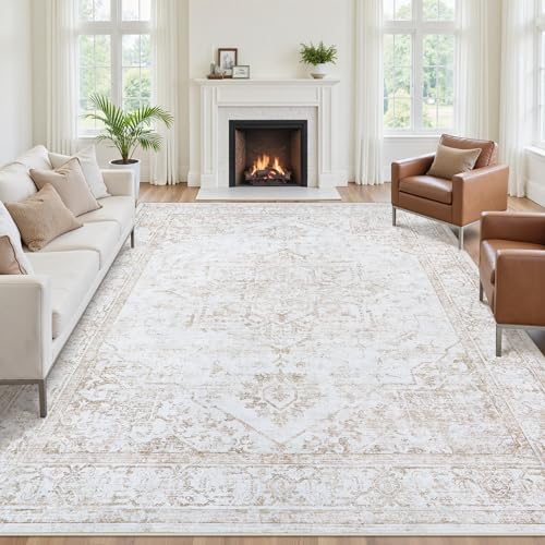 8x10 Area Rugs for Living Room:Beige Washable Vintage Medallion Rug Non-Slip Soft Low Pile Large Rugs Indoor Retro Carpet for Bedroom Kitchen Nursery Dining Table Office (Beige, 8'x10')