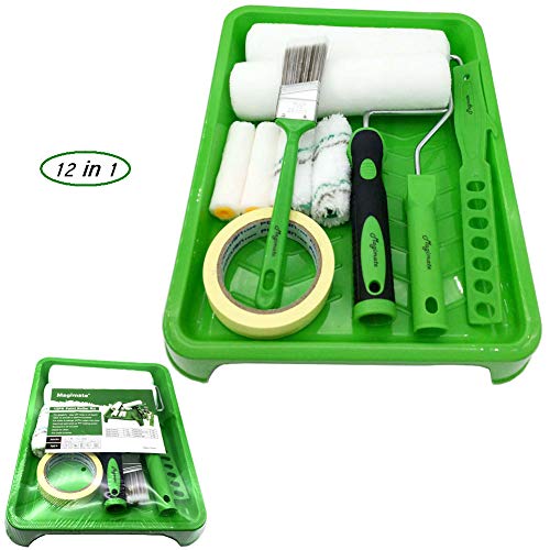 Magimate Paint Roller Kit 9 Inch 4 Inch Roller Set with Frames, Cover Refills, Angled Brush, Paint Stick, Masking Tape and a Durable Paint Tray for Professional and DIY Indoor and Outdoor Painting