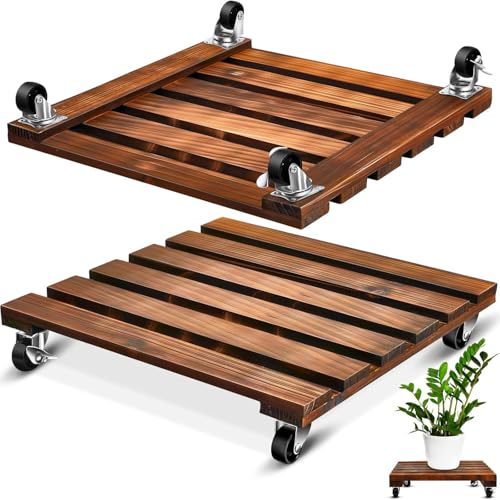 Heavy Duty Plant Caddy, Wood Rolling Plant Stand 220 LB, 2 PCS 14in with 4 Wheels, Wooden Plant Dolly with Metal 360° Lockable Caster Wheels, for Outdoor Indoor Plant Pots, Flower Pot, Patio (Square)