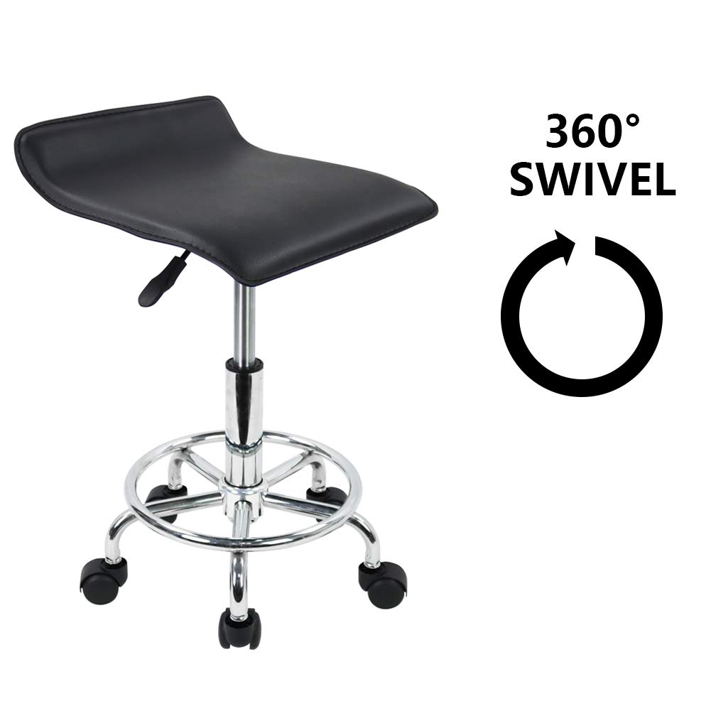 KKTONER Square Height Adjustable Rolling Stool with Foot Rest PU Leather Seat Cushion Medical Spa Drafting Salon Tattoo Work Swivel Office Stools Task Chair Black: Beauty