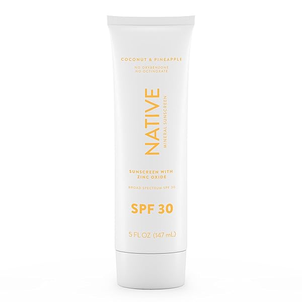 NATIVE SUNSCREEN SPF 30, ZINC OXIDE DERMATOLOGIST TESTED SUITABLE FOR SENSITIVE SKIN & HAWAII COMPLIANT, 5 OUNCES | PINEAPPLE & COCONUT SCENT SUN PROTECTION LOTION, LIGHTWEIGHT & SMOOTH