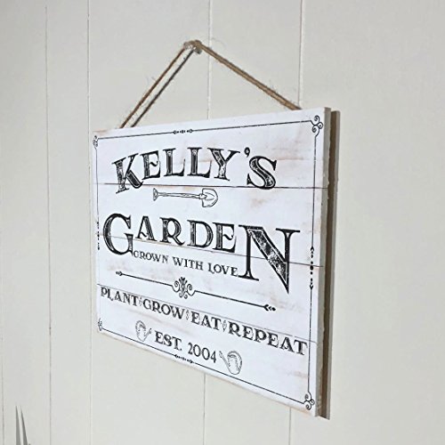 Artblox Personalized Rustic Garden Wood Sign Garden Decor - Vintage Custom Name and Established Year, Premium Pine Wood Farmhouse Style Wooden Wall Art Country Pallet Plaque 13x9 - White