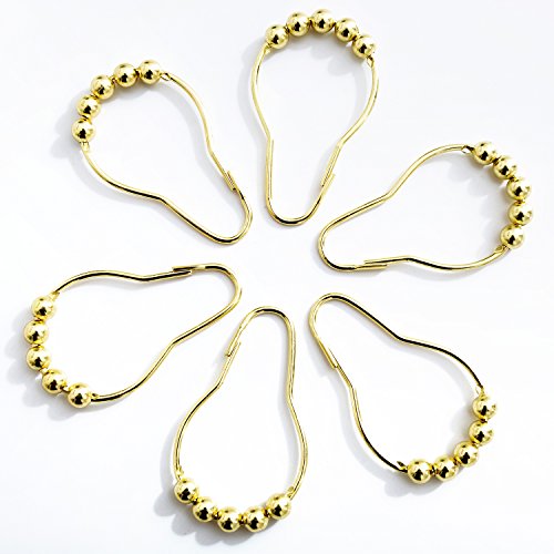 Shower Curtain Hooks Rings, Brushed Gold Decorative Rust Proof With Roller For Bathroom, Wardrobe, Closet, Bathtub, 100% No Rust, Set Of 12 Rings, By Mystic Home.