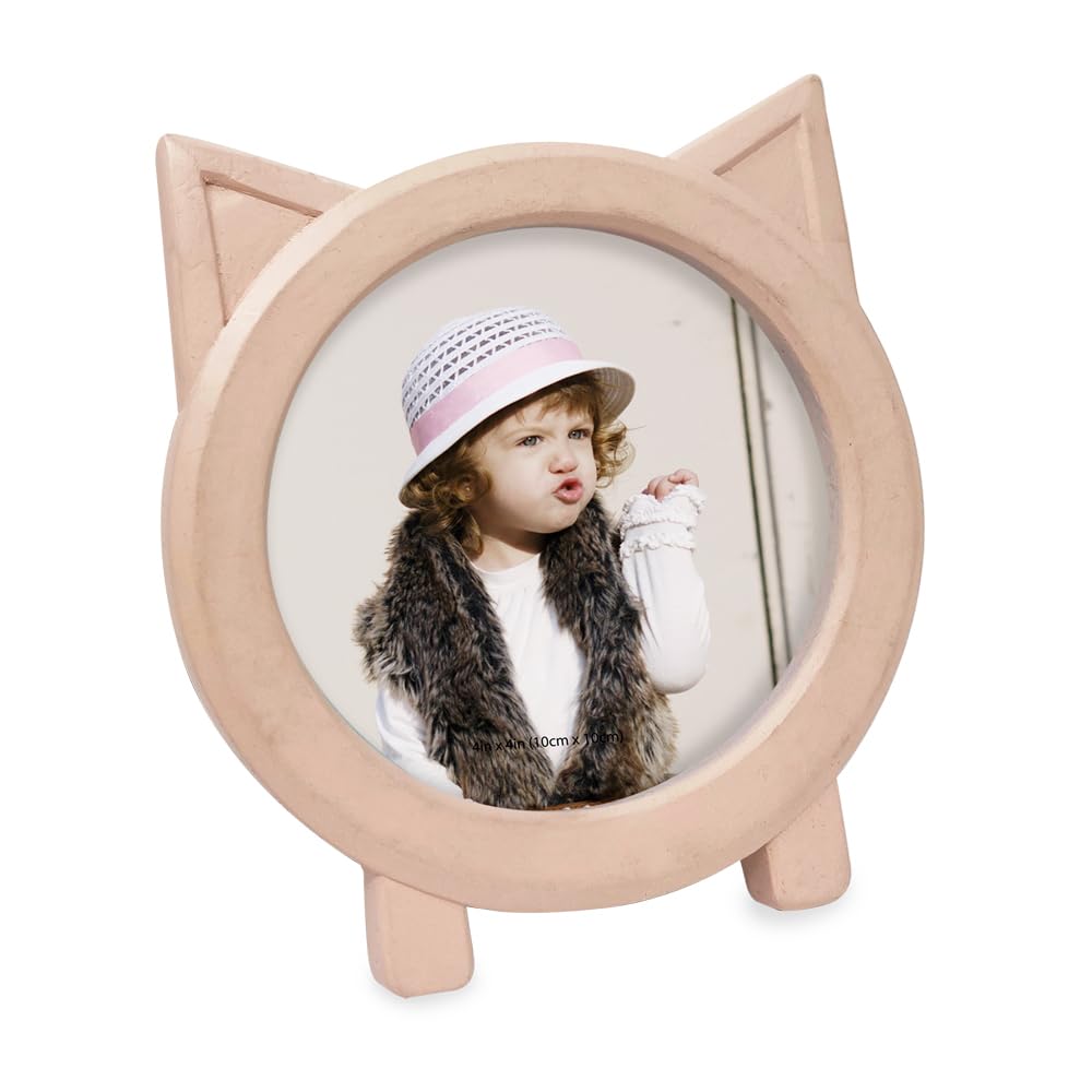 Isaac Jacobs 4x4 Round Resin Sentiment Cat Picture Frame with Ears, Photo Tabletop & Wall Display Hanging Display & Home Décor (Pink)