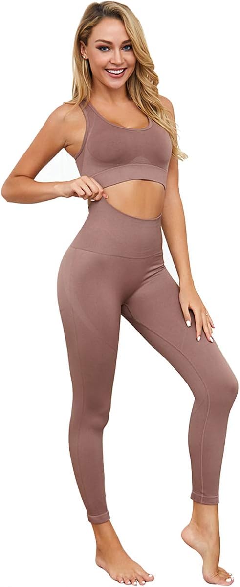 Yoga Outfits for Women 2 Piece Set,Workout High Waist Athletic Seamless Leggings and Sports Bra Set Gym Clothes