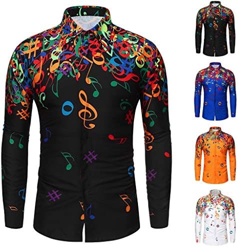 HOOUDO Shirts for Men Regular Fit Long Sleeve,Musical Note Print Casual Slim Fit Turn Down Collar Button Polo Shirt Tops Blouse Dress Shirts S-4XL
