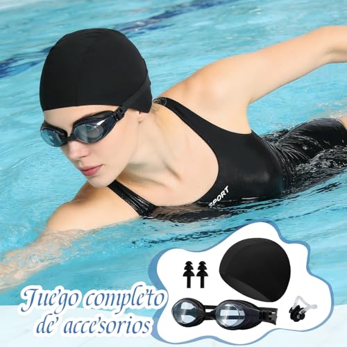 Traje de Baño para Mujer, Negro, Bañador Integrado, Trajes de Baño de Cuello Redondo, con Gorro de Natación, Gafas, Tapones para Oídos y Pinza para la Nariz, para Playa, Piscina, Surf, Natación