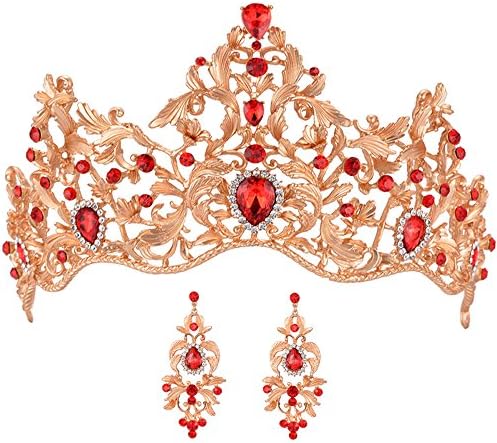 SSNUOY Vintage Gold Bridal Tiara and Earrings Sets Red Rhinestone Headband Wedding Prom Jewelry Set for Women