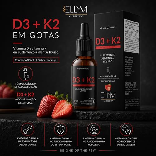 Vitamina D3 K2 em Gotas Sublingual 30mL ELLYM NUTRITION 2000 UI D3 + 120 mcg K2 Mk7 Sabor Morango Fortaleciomento Ósseo e Muscular