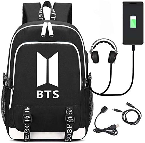 Luminous Backpack BTS School Bag Large Volume 36L with USB Charging Port and Audio Line Unisex School Book Bag Rucksack