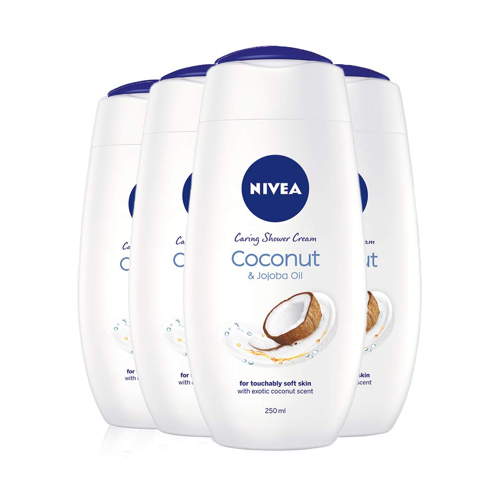 NIVEA Shower Cream Gel, Indulgent Moisture Coconut, Pack of 4 (4 x 250ml), Moisturising Shower Gel with Bamboo Milk, Luxurious Body Wash for Women, Body Wash with Argan Oil