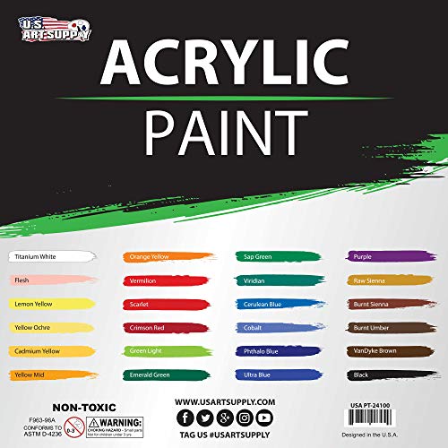 U.S. Art Supply 24 Color Acrylic Paint Set, 3.3 Fl Oz (Pack of 24), Professional Artist Bright and Vivid Opaque Colors