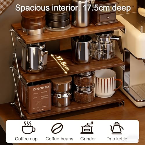 DFJLWKE Étagère à Épices Pliable 3 Niveaux- Acier Inoxydable 40cm | Organisateur de Placard-Hauteur Réglable-Bois de Noyer