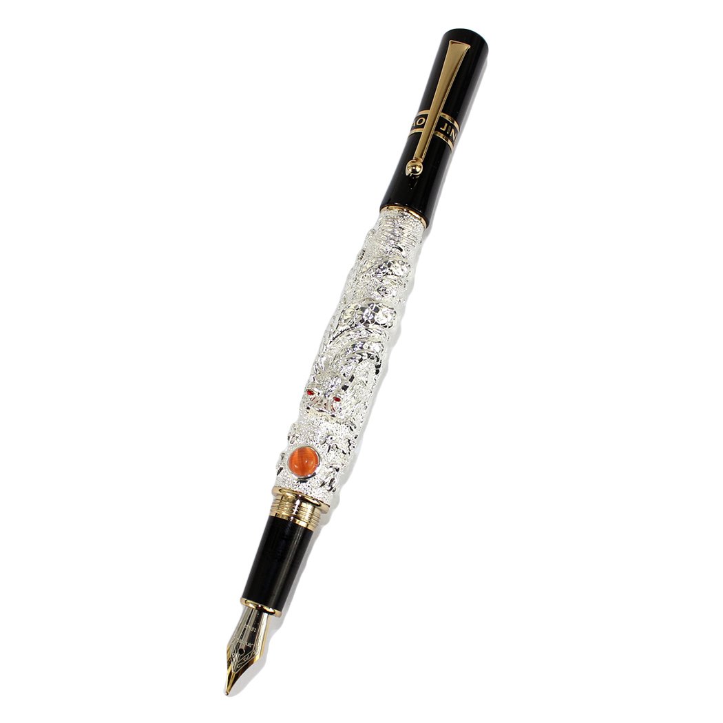 Gullor Fountain Pen Flying Dragon with Precious Stone Silver Medium Nib - White