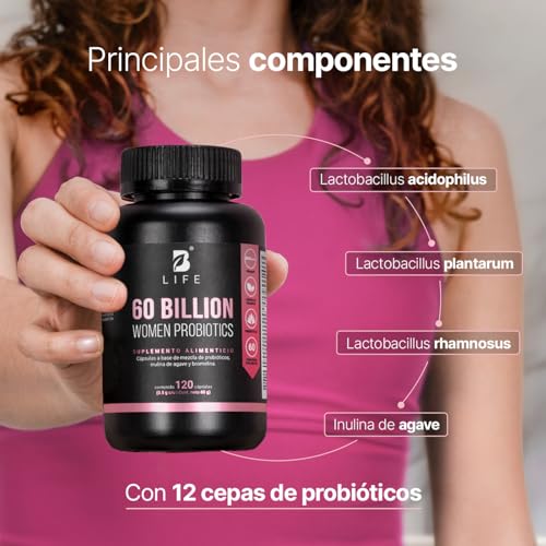Probióticos para Mujer 120 cápsulas | 60 Billones con Bromelina e Inulina de Agave | 12 Cepas para Salud Digestiva | 60 Billion Womens Probiotic B Life