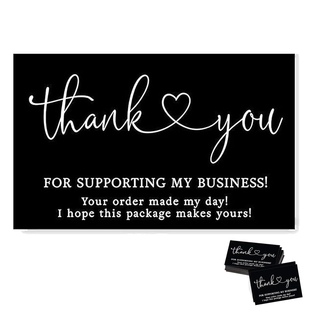 100 PCS Thank You for Supporting My Small Business Cards Black Thanks Greeting Cards Universal Theme Custom Thank You Cards for Online Retail Store Handmade Goods Gift Shop Package