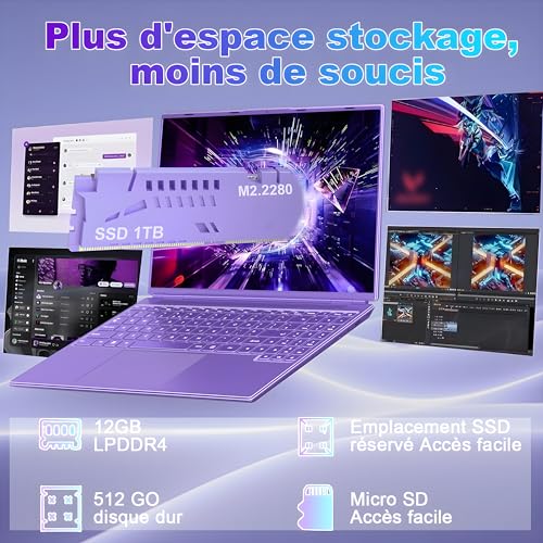 NOTODD Laptop 16'' 12+512GB SSD Support Extension 2TB (HDD-2TB) Celeron N5095 (up to 2.9GHz) 1920x1200 PC Laptop Gamer Win11 Laptop with Type-C HDMI AZERTY Keyboard Cover-Purple
