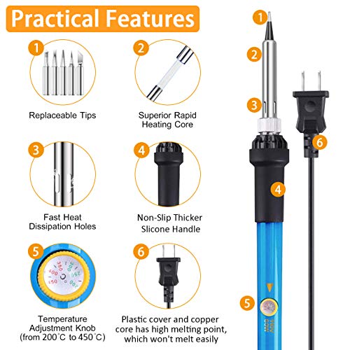 Tabiger Soldering Iron Kit 15-in-1, 60W Soldering Iron with Adjustable Temperature, Soldering Gun, 5pcs Soldering Iron Tips, Solder Wire, Desoldering Pump, Tweezer, Soldering Stand, Tool Case