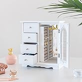 ZGZD White Jewelry Box for Girls Wooden Makeup and Accessories Organizer Ring Storage with 4 Drawers and Swing Door