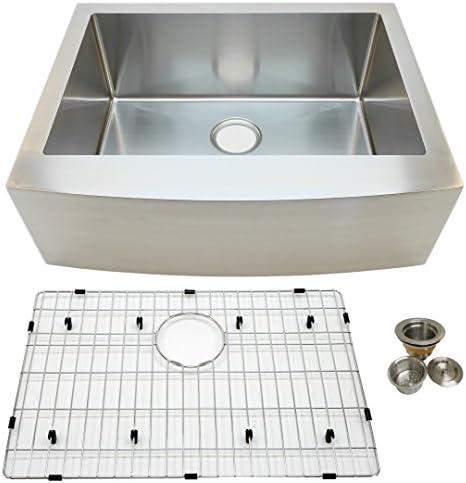 Auric Sinks 30" Stainless Steel Farmhouse Sink, Curved Front, 9" Apron, Single Bowl, 6:SCAR-18-30-SGL