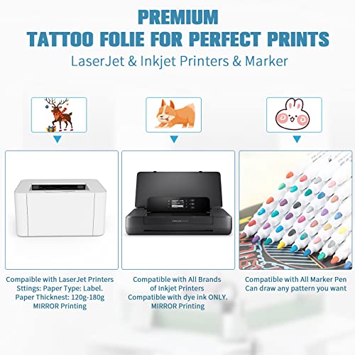 Tattoo Paper for Printing, Temporary Tattoo Transfer Paper A4X5 Sheets Transparent Sheet for DIY Tattoo for Inkjet Printer/Laser Printer