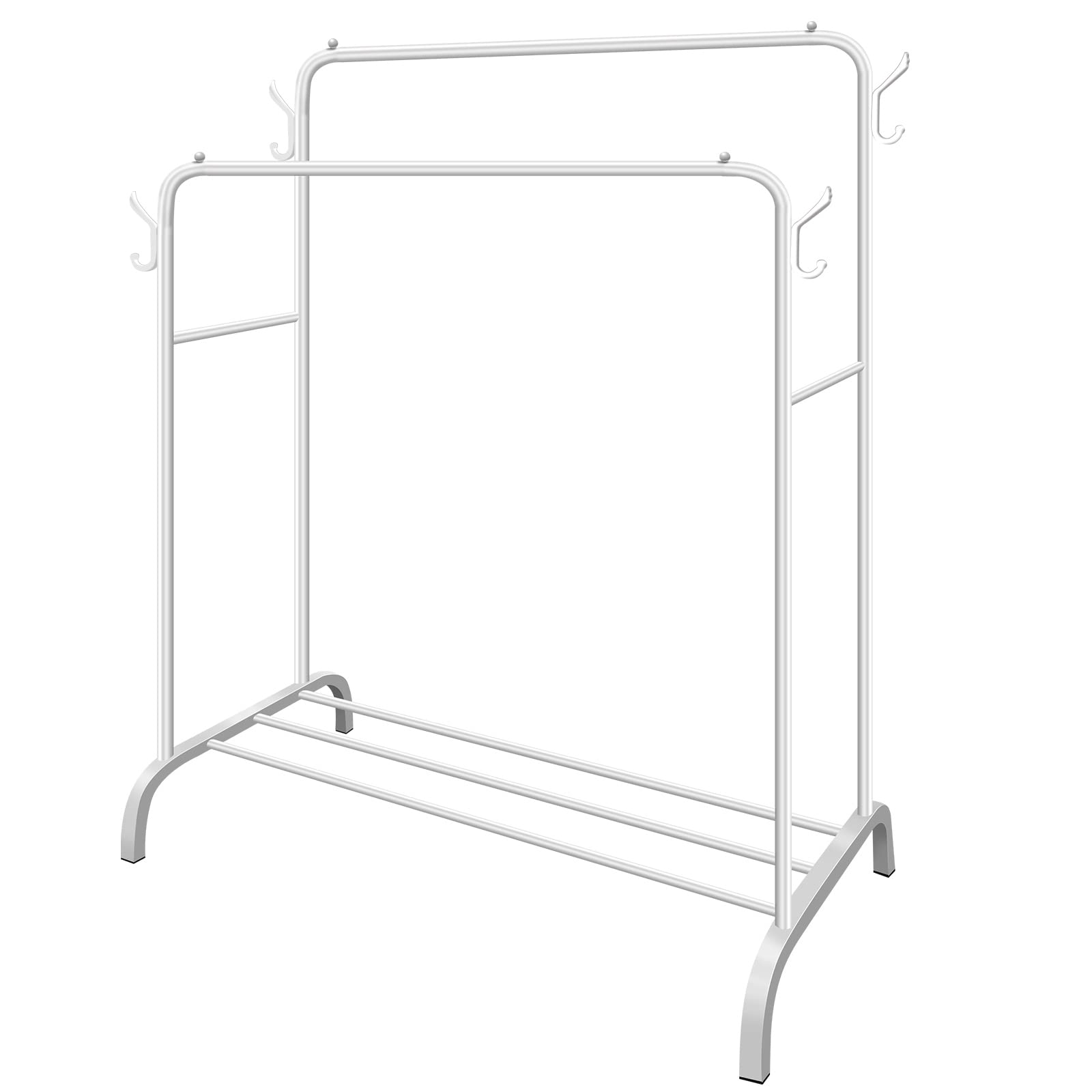 Metal Double Rail Garment Rack, Heavy Duty Clothes Rail Hanger with 1 Tier Storage Shelf and 4 Side Hooks, Freestanding Clothes Rack Multipurpose Organiser Shelf Bedroom Clothes hanger (White)