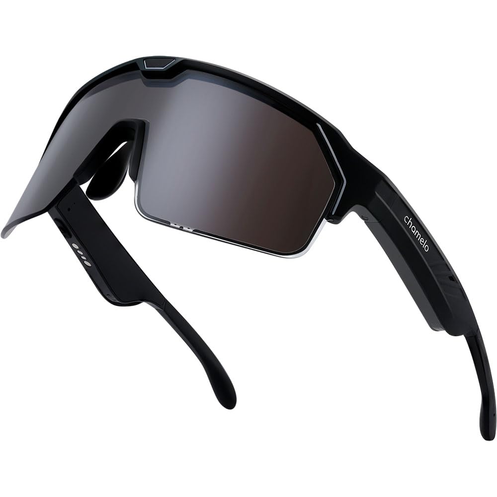 Photo 1 of CHAMELO Music Shield Smart Audio Sunglasses Matte Black Frame, Smoke Lenses | Open-Ear Bluetooth Glasses for Men & Women with Electronic Tint Control, Sweat Proof, 100% UV Protection