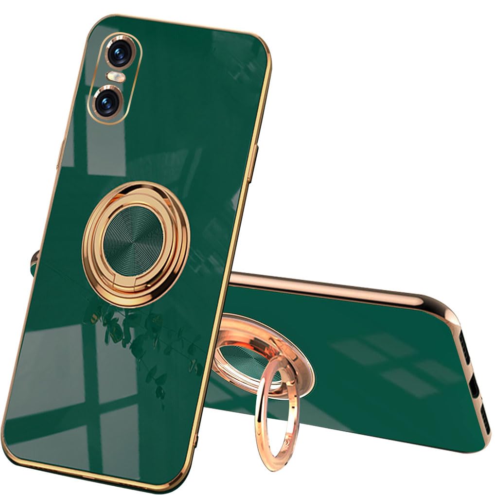 SEAHAI Case for Sony Xperia 10 VI, Ultra Thin TPU Bumper Shockproof Soft Cover Electroplating Phnom Penh Design Silicone Skin Slim Case with 360 Degree Ring Kickstand, Dark green