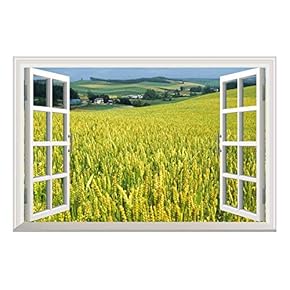 Yellow Wheat Field Open Window Mural Wall Sticker - 24"x32"