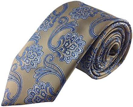 Mens Necktie Set Gold with Baby Blue Floral Paisley Design Fashion Tie