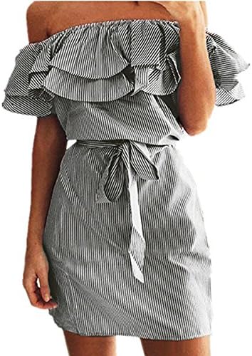 Vicheer Women's Casual Off Shoulder Striped Ruffle Strap Short Slim Mini Dresses Black XL
