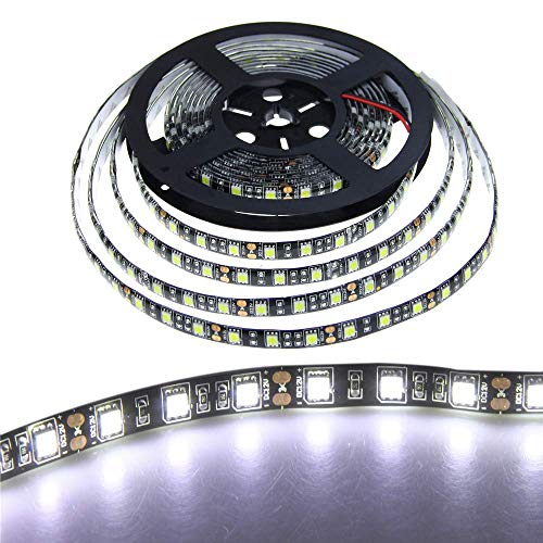 ALITOVE 16.4ft 5050 SMD Black PCB Cool White LED Flexible Strip Ribbon Light 5M 300 LEDs Waterproof IP65 DC 12V for Home Garden Commercial Area Lighting
