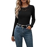 ACWUMU Women's Sexy Lace Tops Dressy Casual Long Sleeve Crewneck Slim Fit Kint Shirts Spring Outfit Clothes