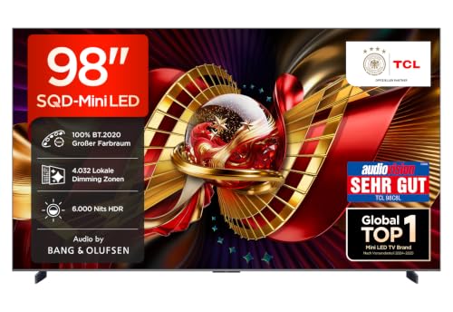 TCL 98C8L SQD-Mini LED 4K Smart TV, HDR 6000 nits, 4032 Local Dimming, 144Hz Motion Clarity Pro, Bang & Olufsen, Dolby Vision IQ & Atmos, Game Master, Google TV, Apple AirPlay 2
