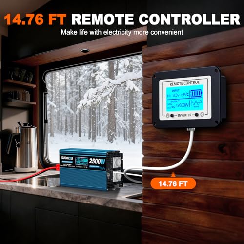 SUDOKEJI Pure Sine Wave Inverter 2500 W (5000 W Peak) - 12 V to 230 V Voltage Converter with LCD Display & Remote Control, 2 x EU Sockets & 2 x USB, Ideal for Motorhome, Truck, Boat, Camping