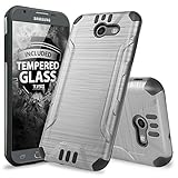 Samsung Galaxy J7 Sky Pro Case, Galaxy J7 Perx Case, Galaxy J7 V Case, Galaxy Halo Case, with TJS [Tempered Glass Screen Protector] Hybrid Rugged Case Metallic Brush Finish Hard Inner Layer (Grey)