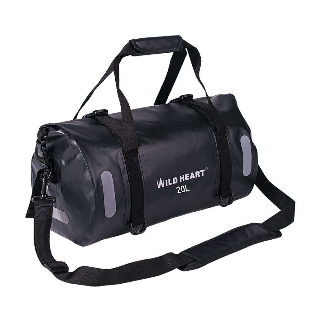 WILD HEART Waterproof Bag Duffel Bag 18L 20L 30L 40L 50L 60L 70L with Welded Seams Shoulder Straps, Mesh Pocket for Kayaking, Camping, Boating,Bycycle,Motorcycle (Black, 20L)