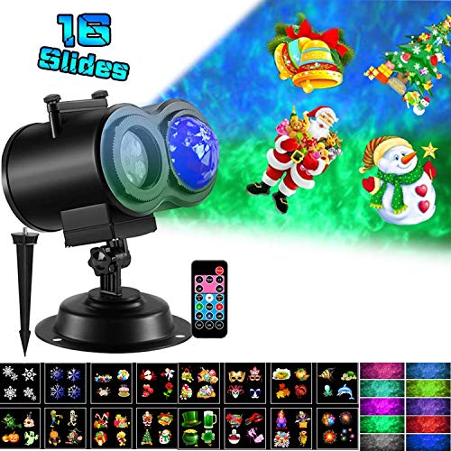 Ocean Wave Halloween Christmas Projector Lights 16 Slides 10 Colors 2-in-1 Moving Patterns with Ocean Wave LED Landscape Lights Waterproof Outdoor Indoor Xmas Theme Party Yard Garden Decorations