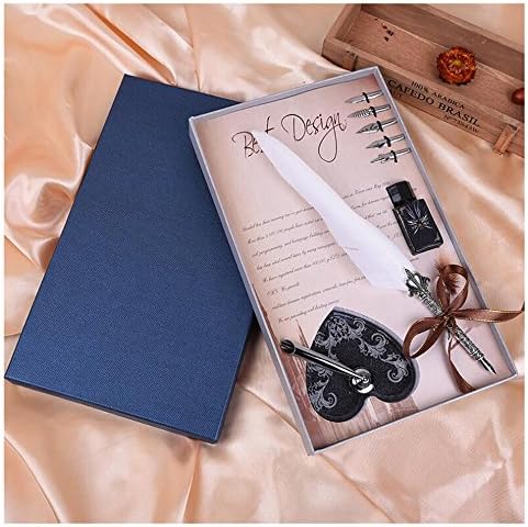 Vintage Antique Feather Pen Stem Metal Writing Quill Pen Set Calligraphy Pen Metal Carving Appearance,with 5 PCS Nibs,A Heart-Shape Acrylic Holder,A Bottle of Ink(Style Ten)