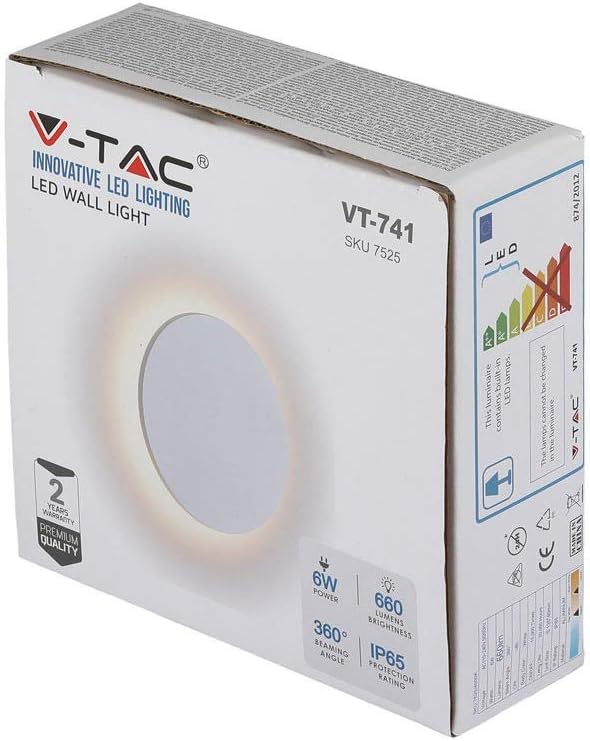 V-TAC 6W Decorative LED Round Wall Lamp Backlit Waterproof, White Die-Casting Aluminum IP65 Body - Image 4