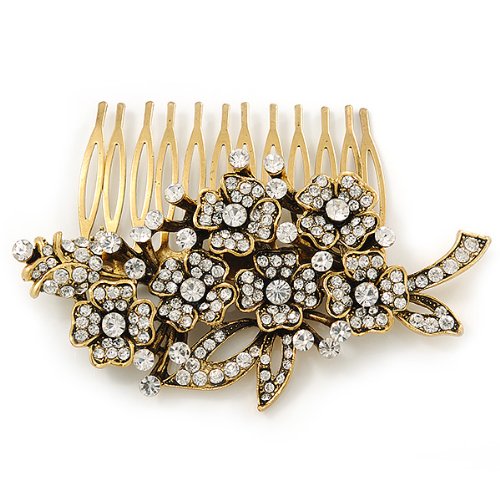 Vintage Inspired Clear Austrian Crystal 'Flowers' Side Hair Comb In Antique Gold Tone - 95mm