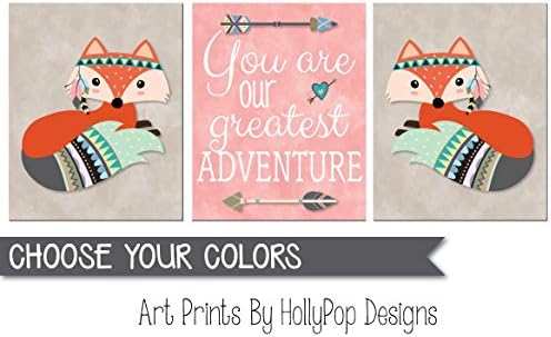 You are our greatest adventure, Tribal nursery art, Woodland nursery artprins, Fox nursery decor. Aztec theme nursery, Girl art prints, Baby wall decor, - SET OF 3 UNFRAMED ART PRINTS #1752