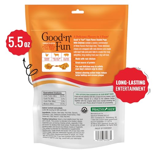 GOOD ‘N’ FUN TRIPLE FLAVOR DOUBLE POPS WITH CHICKEN CHEWS FOR ALL DOGS, 5.5 OUNCES, TREAT YOUR DOG TO CHEWS MADE WITH REAL CHICKEN, BEEF HIDE AND PORK HIDE