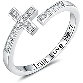 CCWPXX 925 Sterling Silver Cross Ring – Adjustable Christian Ring for Women Engraved True Love Waits, Minimalist Religious Faith Jewelry, Size 7-9